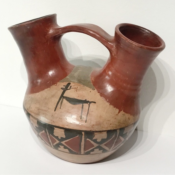VTG Chile Ivan Pottery Vessel Primitive Hand Painted Wedding Vase Double Spout 8 - Picture 4 of 15